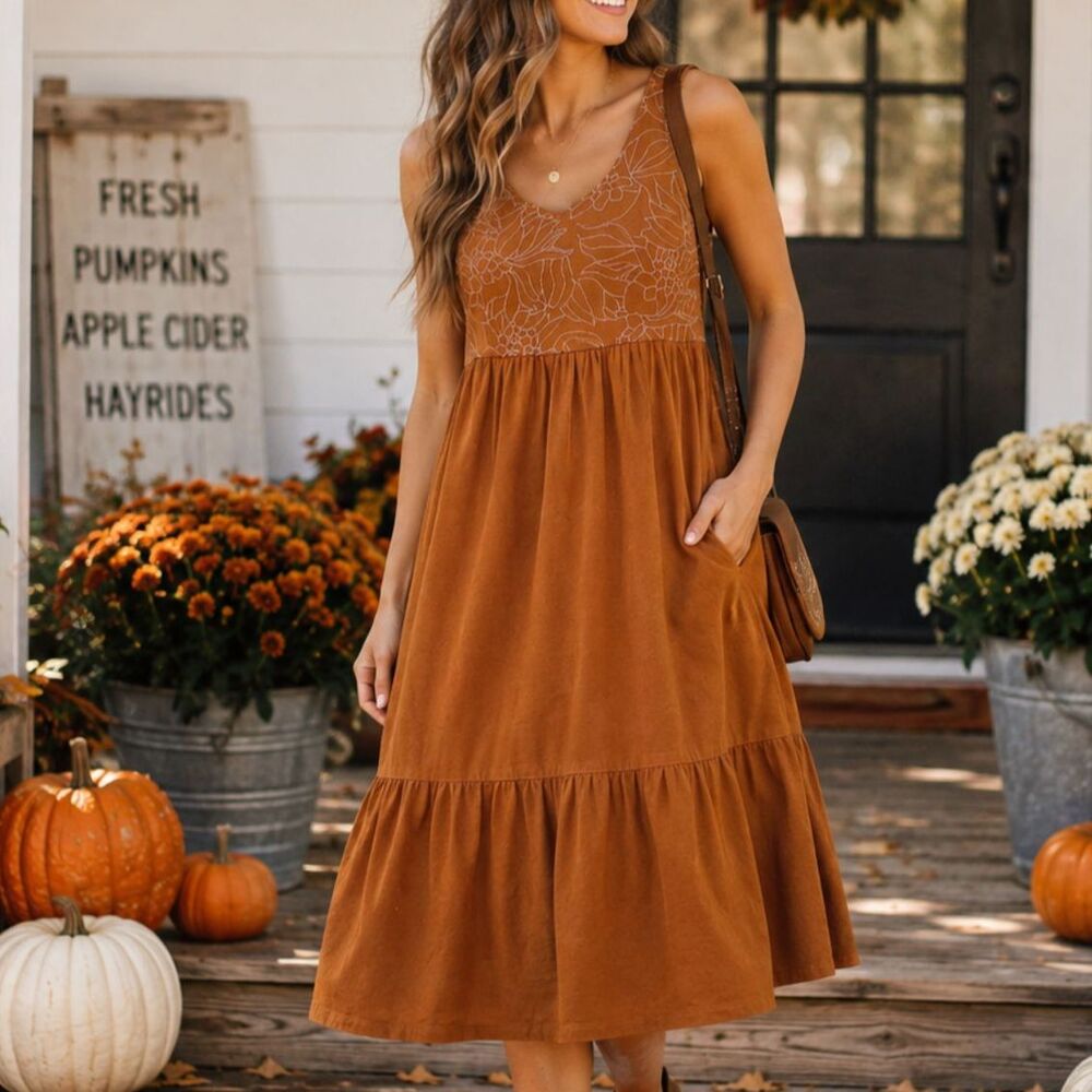 Sherpa Adventure Gear Tharu Tank Dress Cinnamon Rust Embroidered Boho Small S